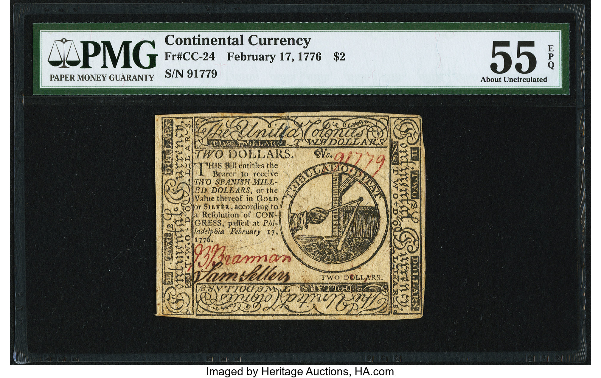 image for: Continental Currency February 17, 1776 $2 PMG About Uncirculated 55 EPQ....