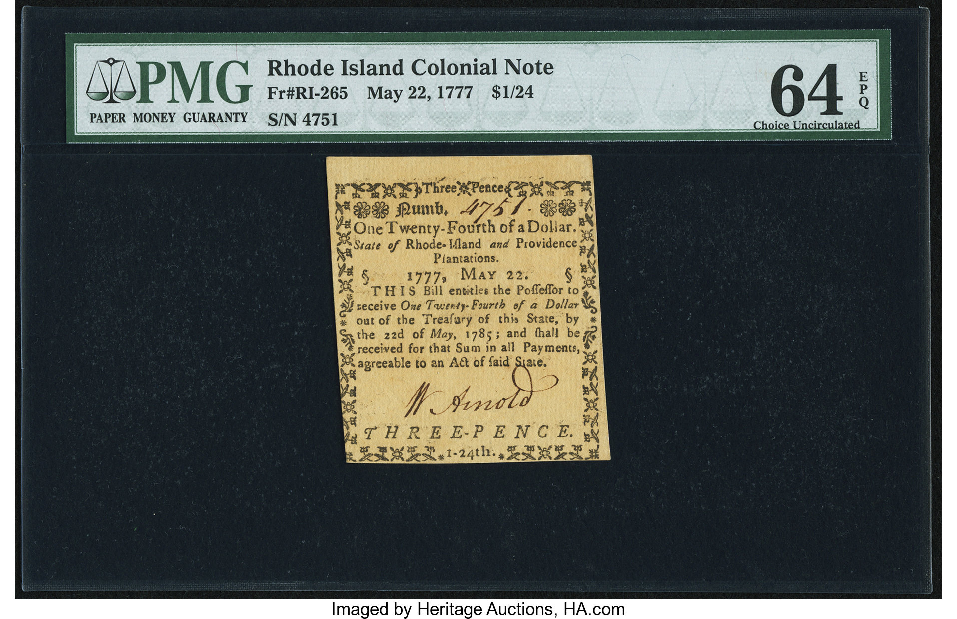 image for: Rhode Island May 22, 1777 $1/24 PMG Choice Uncirculated 64 EPQ....