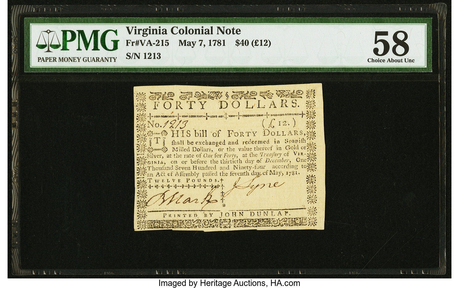 image for: Virginia May 7, 1781 $40 PMG Choice About Unc 58....