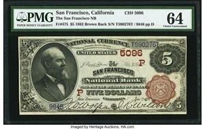 image for: San Francisco, CA - $5 1882 Brown Back Fr. 475 The San Francisco NB Ch. # (P)5096 PMG Choice Uncirculated 64....