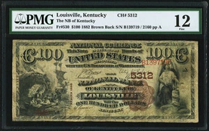 image for: Louisville, KY - $100 1882 Brown Back Fr. 530 The NB of Kentucky Ch. # 5312 PMG Fine 12....