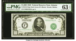image for: Fr. 2210-F $1,000 1928 Federal Reserve Note. PMG Choice Uncirculated 63 EPQ....