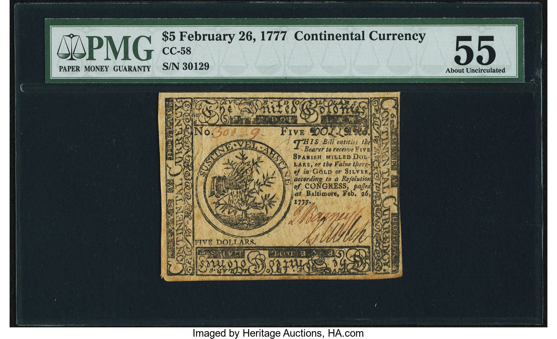 image for: Continental Currency February 26, 1777 $5 PMG About Uncirculated 55....