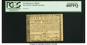 image for: New Jersey June 9, 1780 $8 PCGS Extremely Fine 40PPQ....