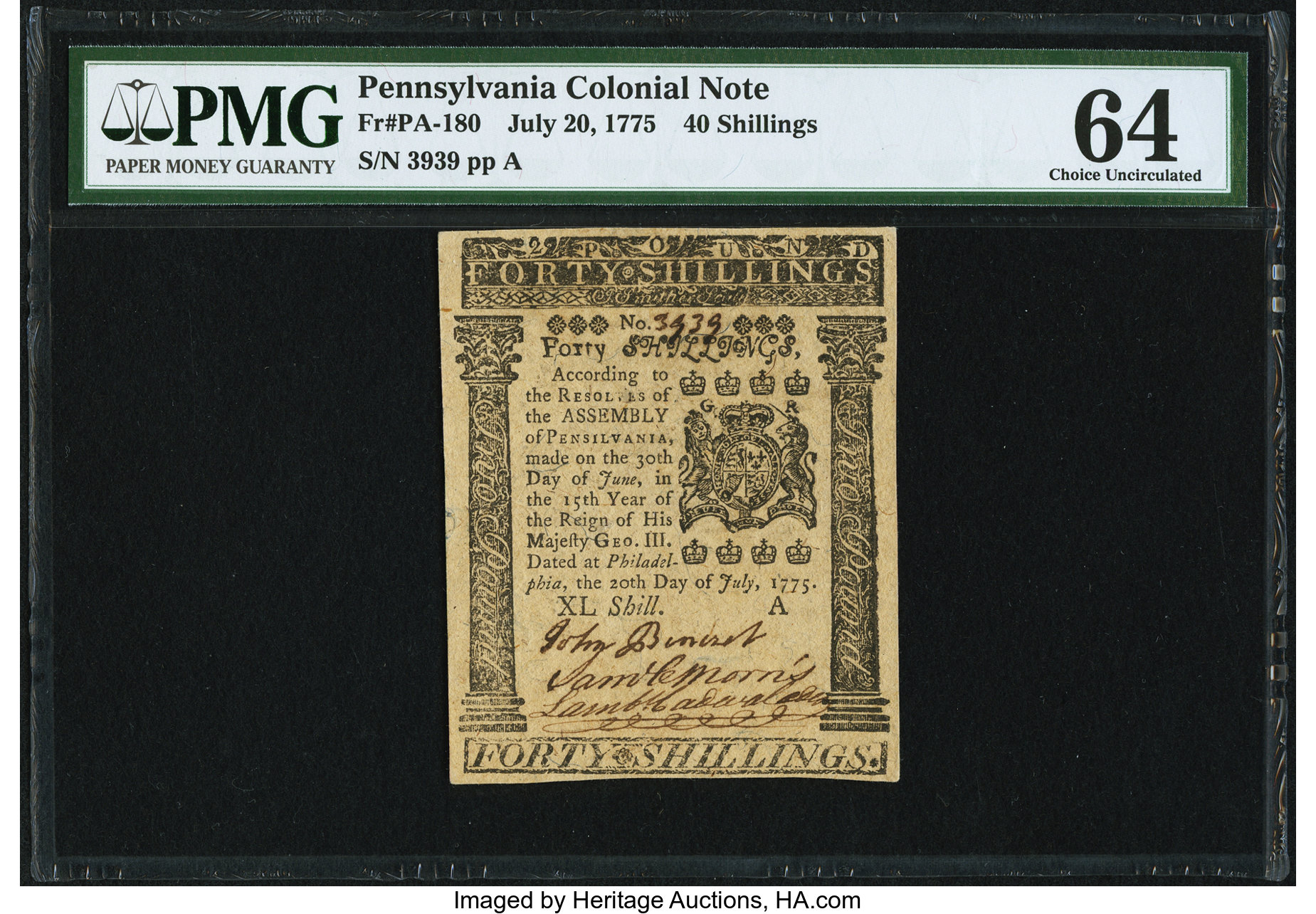 image for: Pennsylvania July 20, 1775 40s PMG Choice Uncirculated 64....