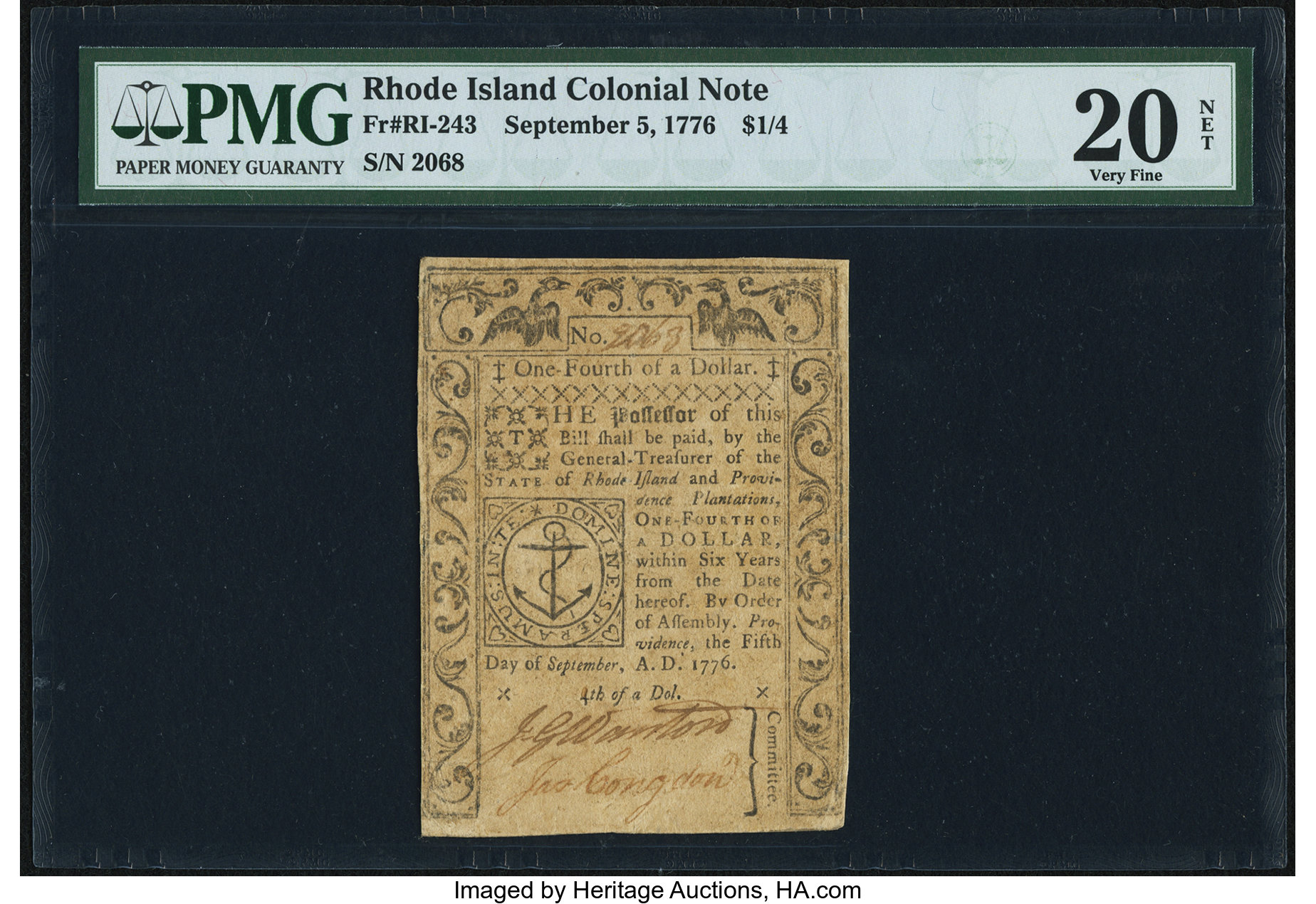 image for: Rhode Island September 5, 1776 $1/4 PMG Very Fine 20 Net....