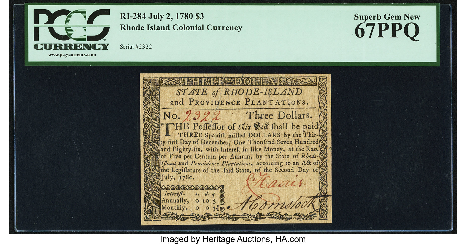 image for: Rhode Island July 2, 1780 $3 PCGS Superb Gem New 67PPQ....