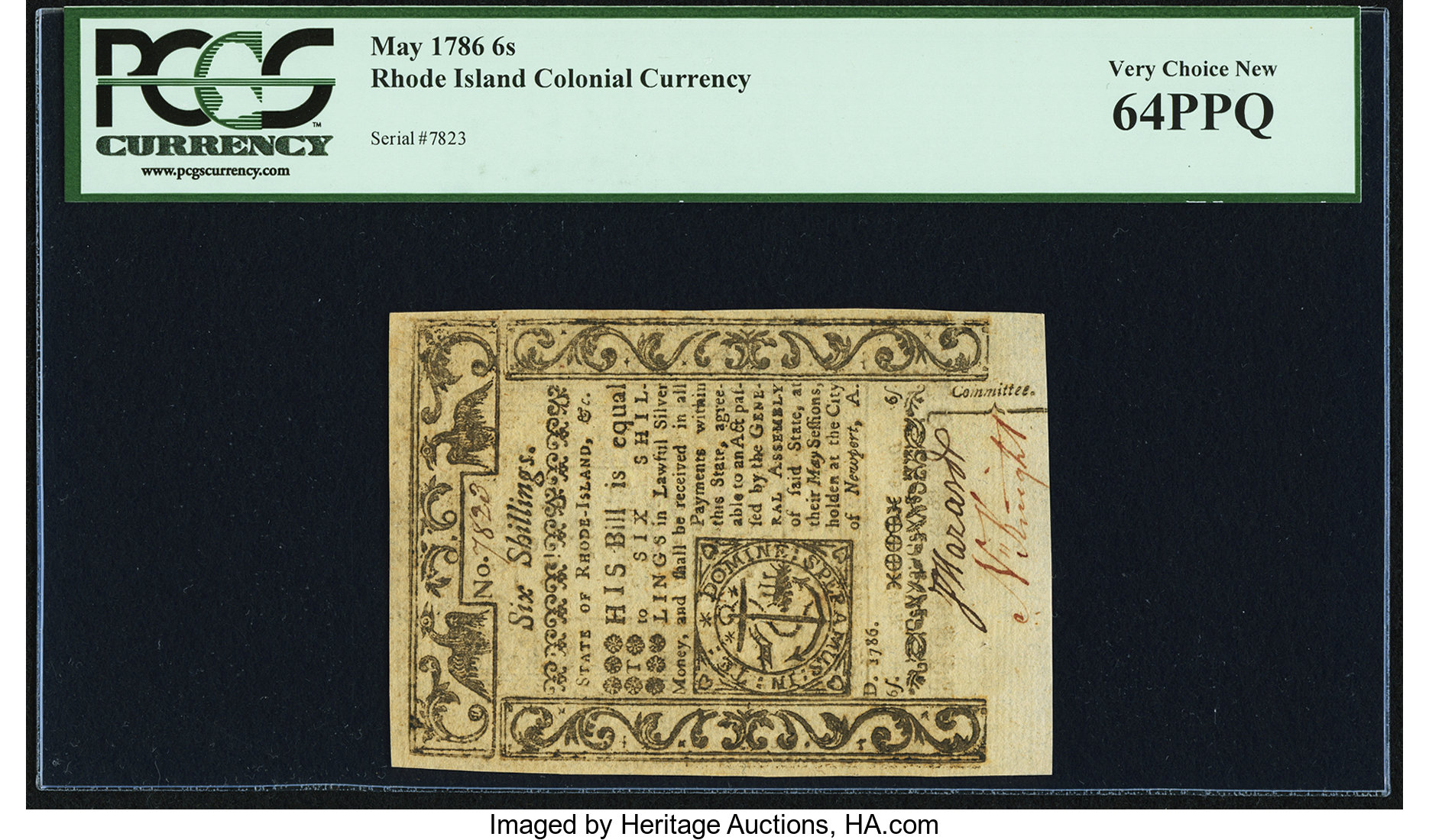 image for: Rhode Island May 1786 6s PCGS Very Choice New 64PPQ....