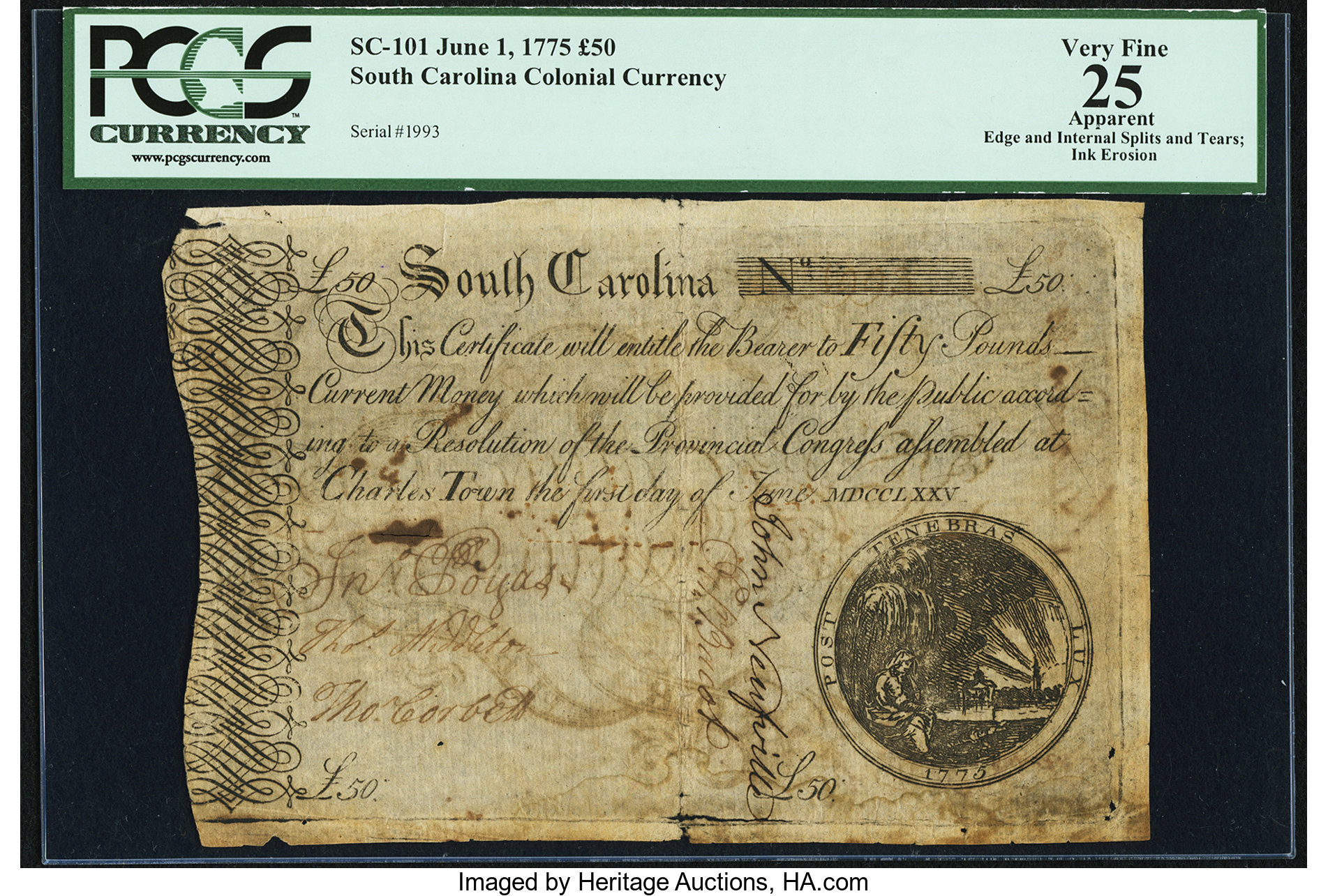 image for: South Carolina June 1, 1775 £50 PCGS Apparent Very Fine 25....