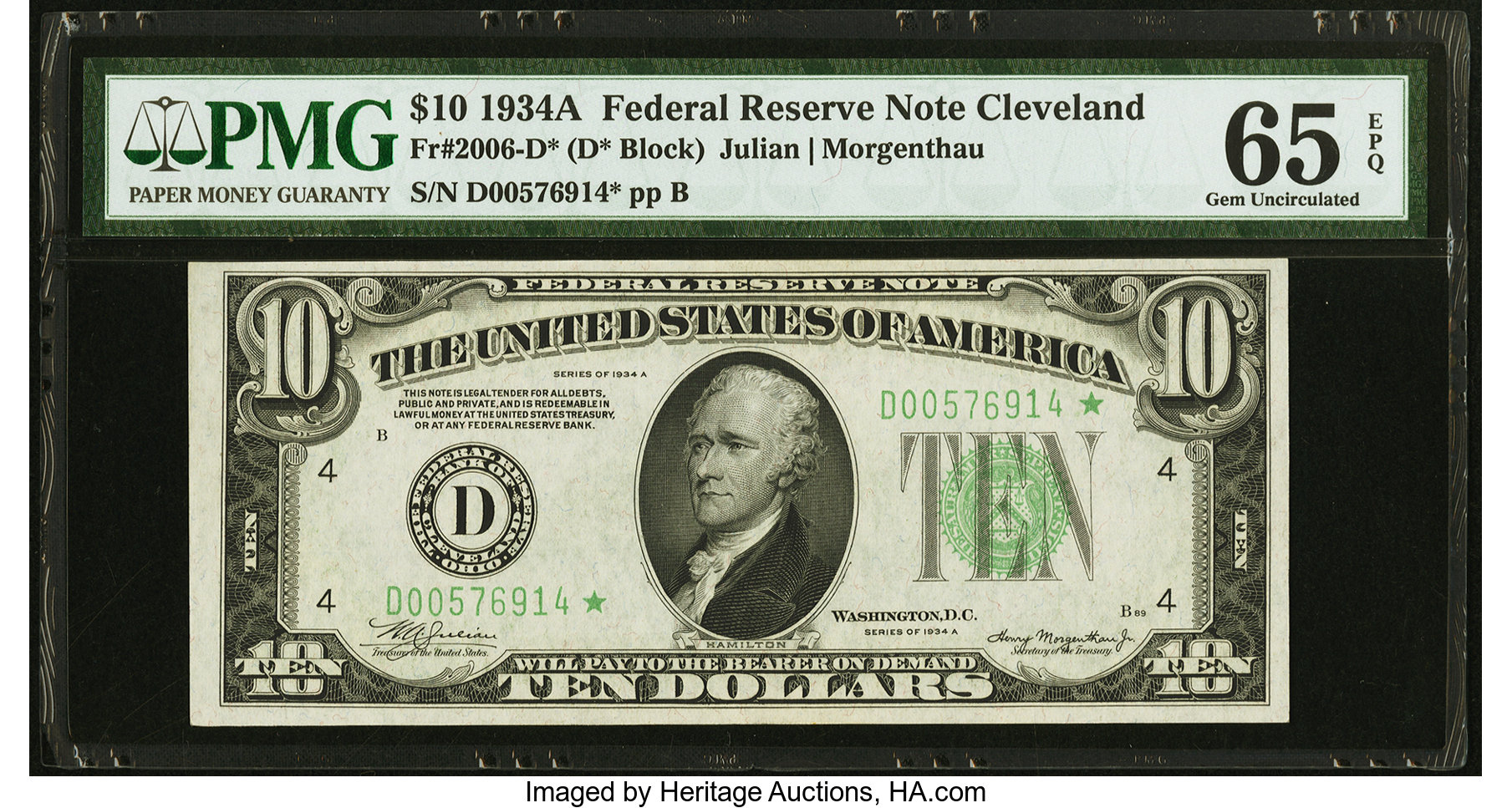 image for: Fr. 2006-D* $10 1934A Federal Reserve Note. PMG Gem Uncirculated 65 EPQ....