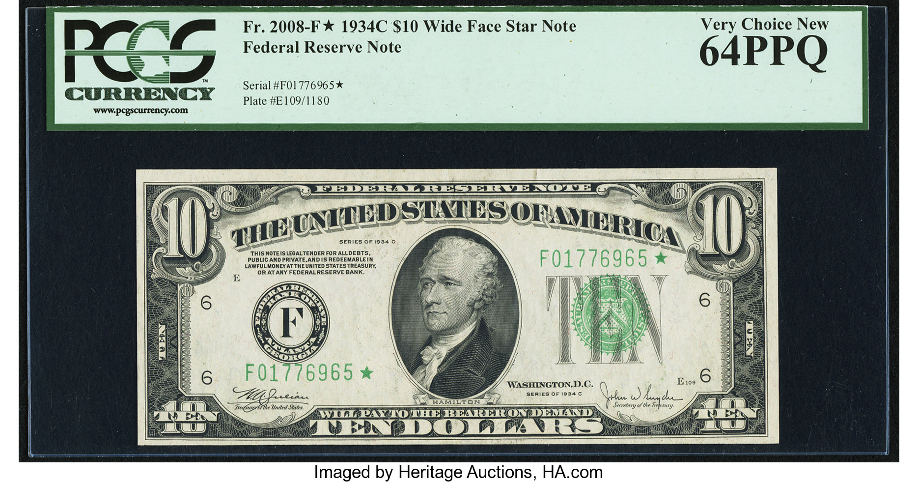 image for: Fr. 2008-F* $10 1934C Wide Federal Reserve Note. PCGS Very Choice New 64PPQ....