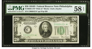 image for: Fr. 2058-C* $20 1934D Wide Federal Reserve Note. PMG Choice About Unc 58 EPQ....