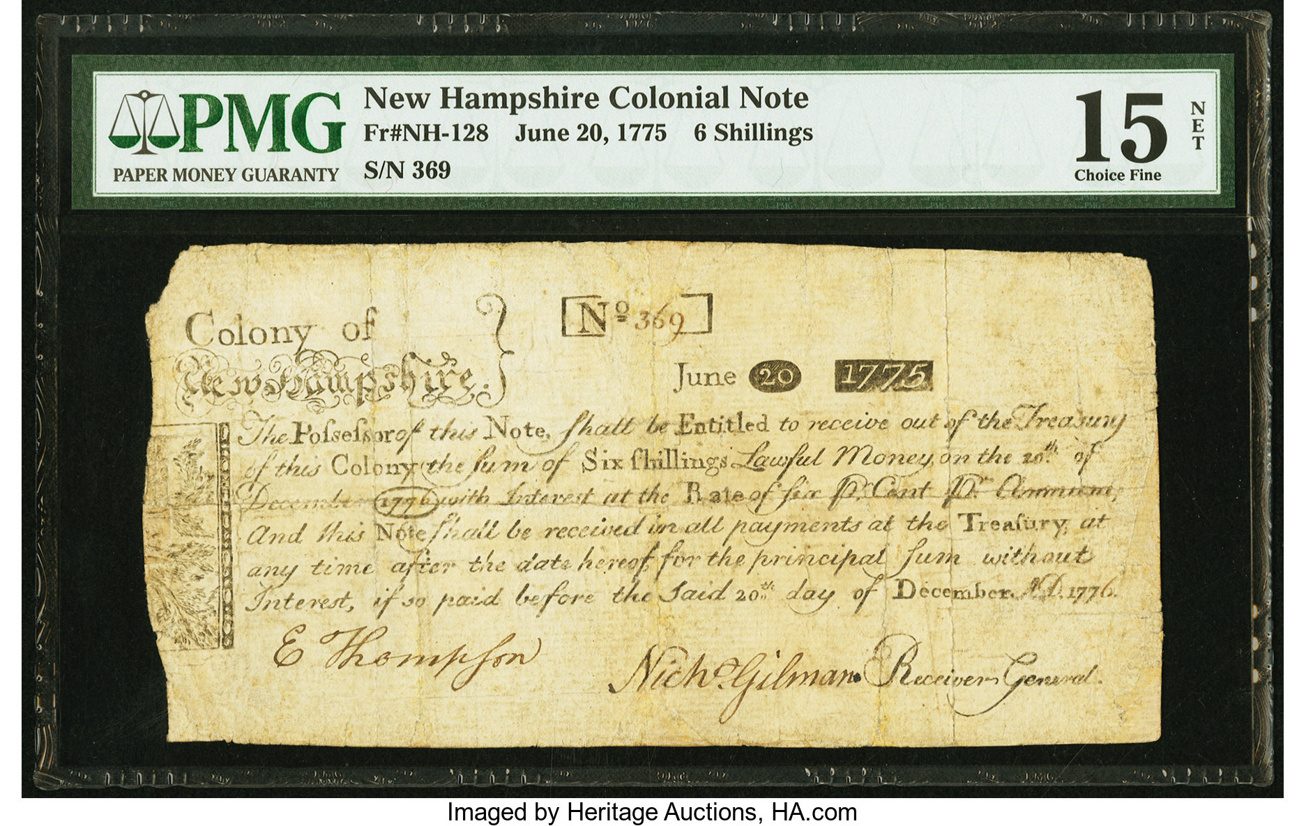 image for: New Hampshire June 20, 1775 6s PMG Choice Fine 15 Net....