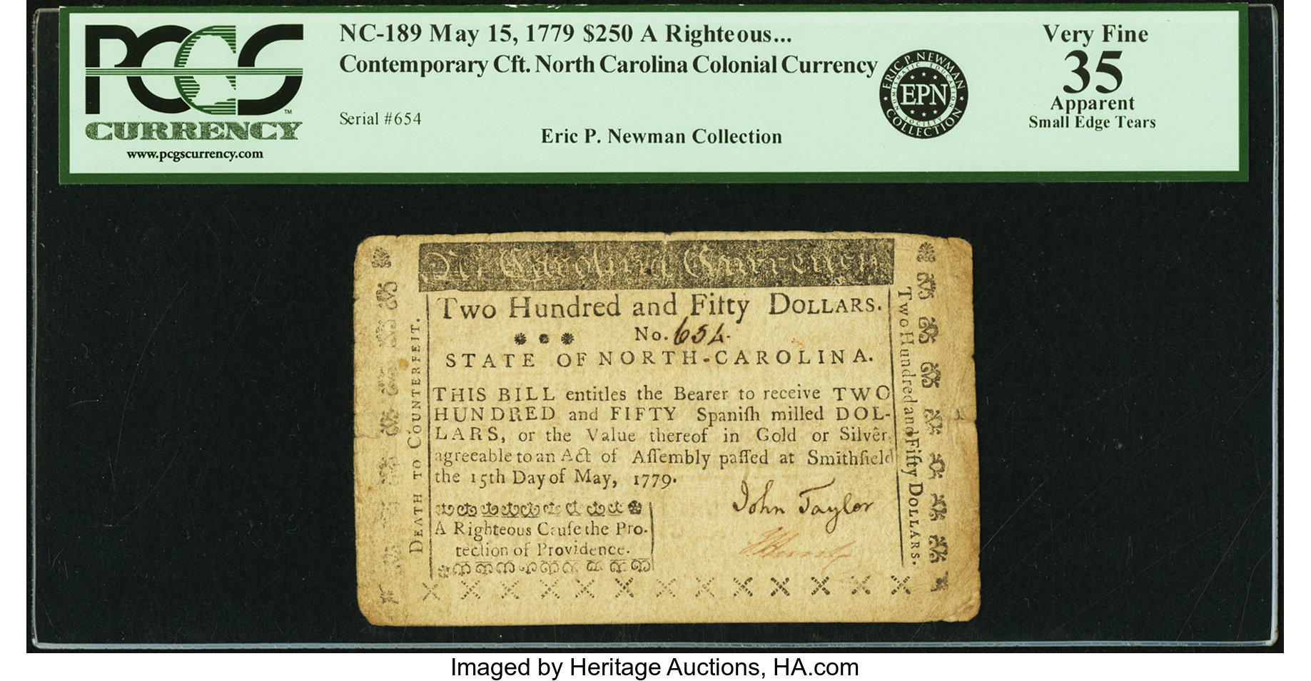 image for: North Carolina May 15, 1779 $250 A Righteous Cause the Protection of Providence Contemporary Counterfeit PCGS Apparent Very Fi...