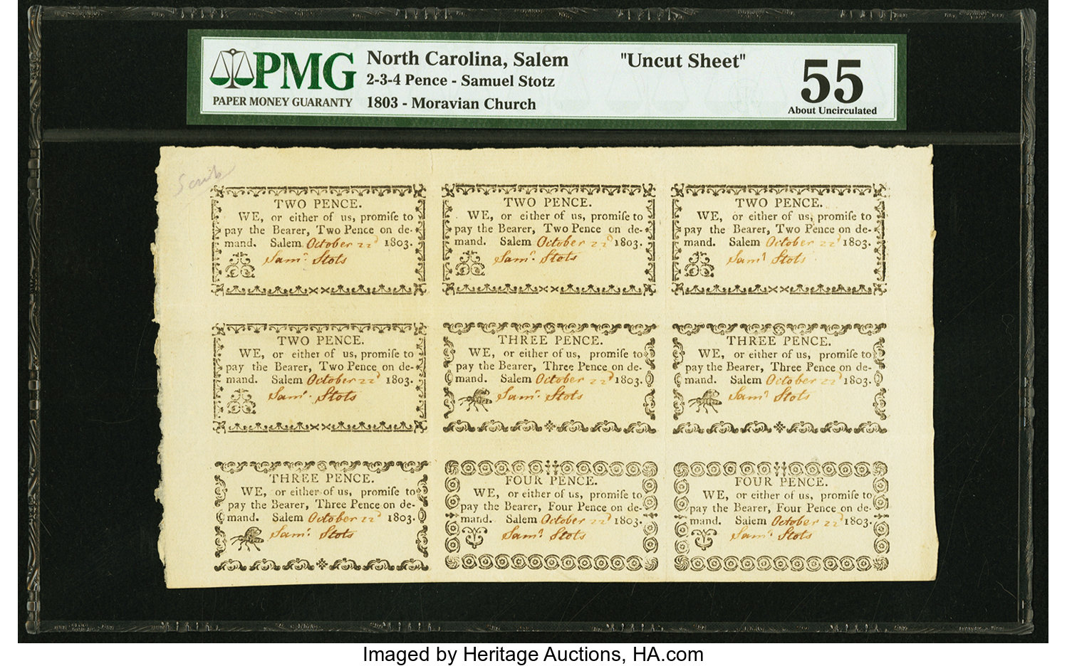image for: Salem, NC- Samuel Stotz/Moravian Church Uncut Sheet of 2d-2d-3d/2d-3d-4d/2d-3d-4d. Oct. 22, 1803 PMG About Uncirculated 55...