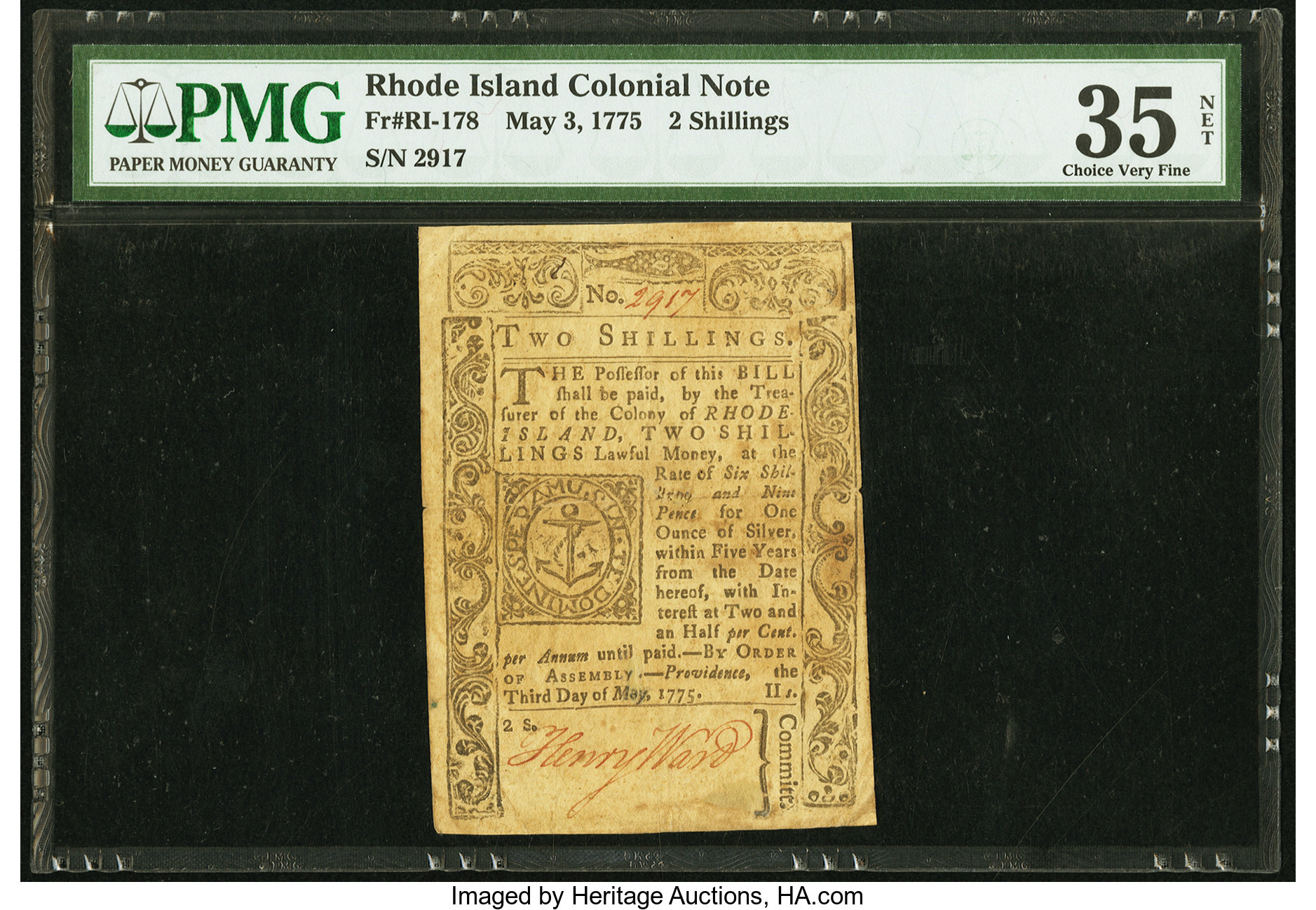 image for: Rhode Island May 3, 1775 2s PMG Choice Very Fine 35 Net....