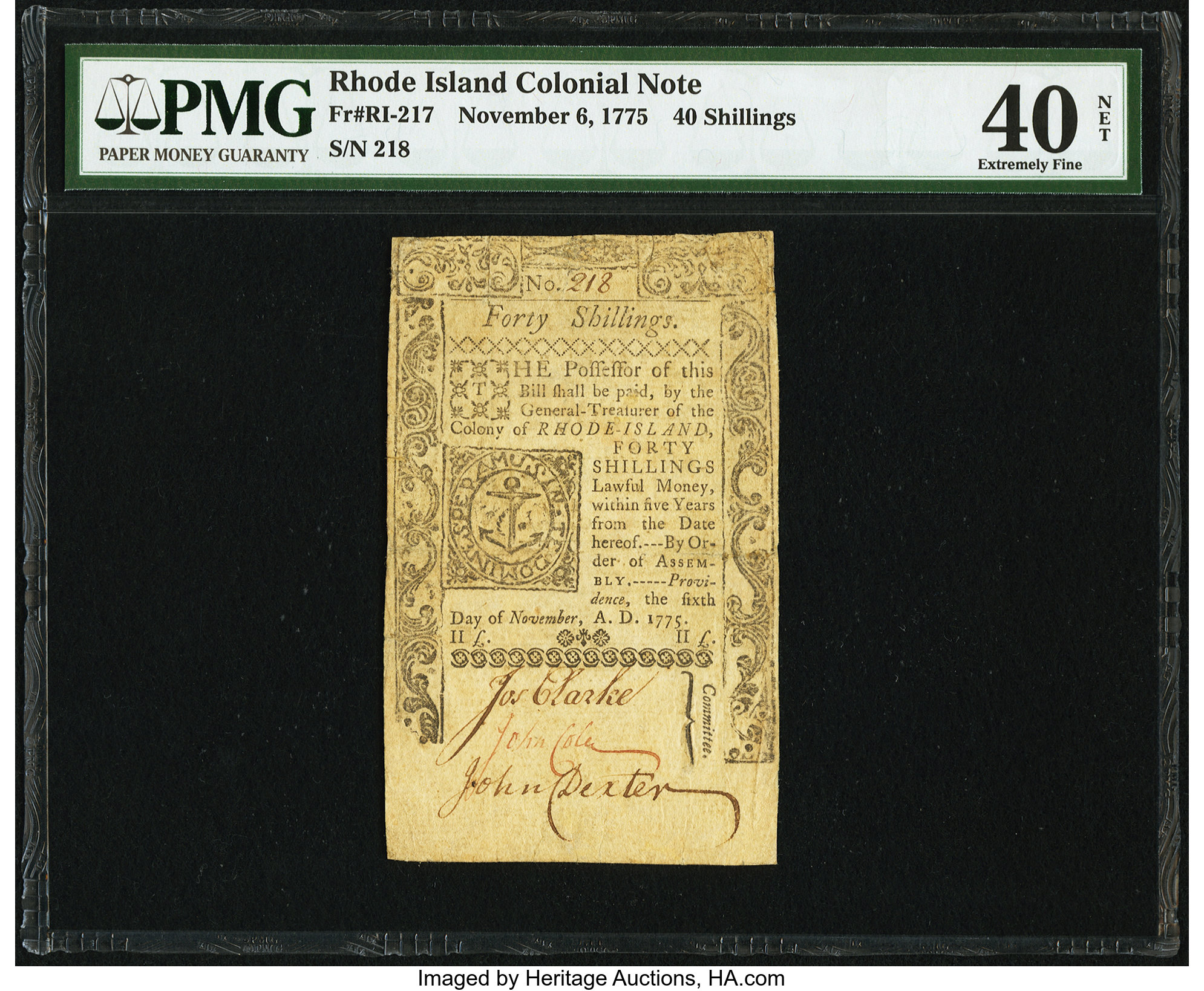 image for: Rhode Island November 6, 1775 40s PMG Extremely Fine 40 Net....
