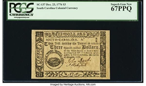 image for: South Carolina December 23, 1776 $3 PCGS Superb Gem New 67PPQ....