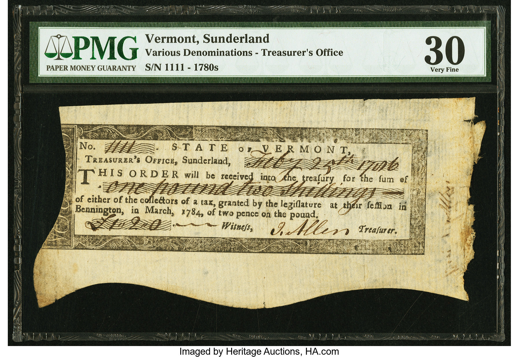 image for: Vermont Treasury Certificate £1 2s February 25, 1786 Anderson 2. PMG Very Fine 30....