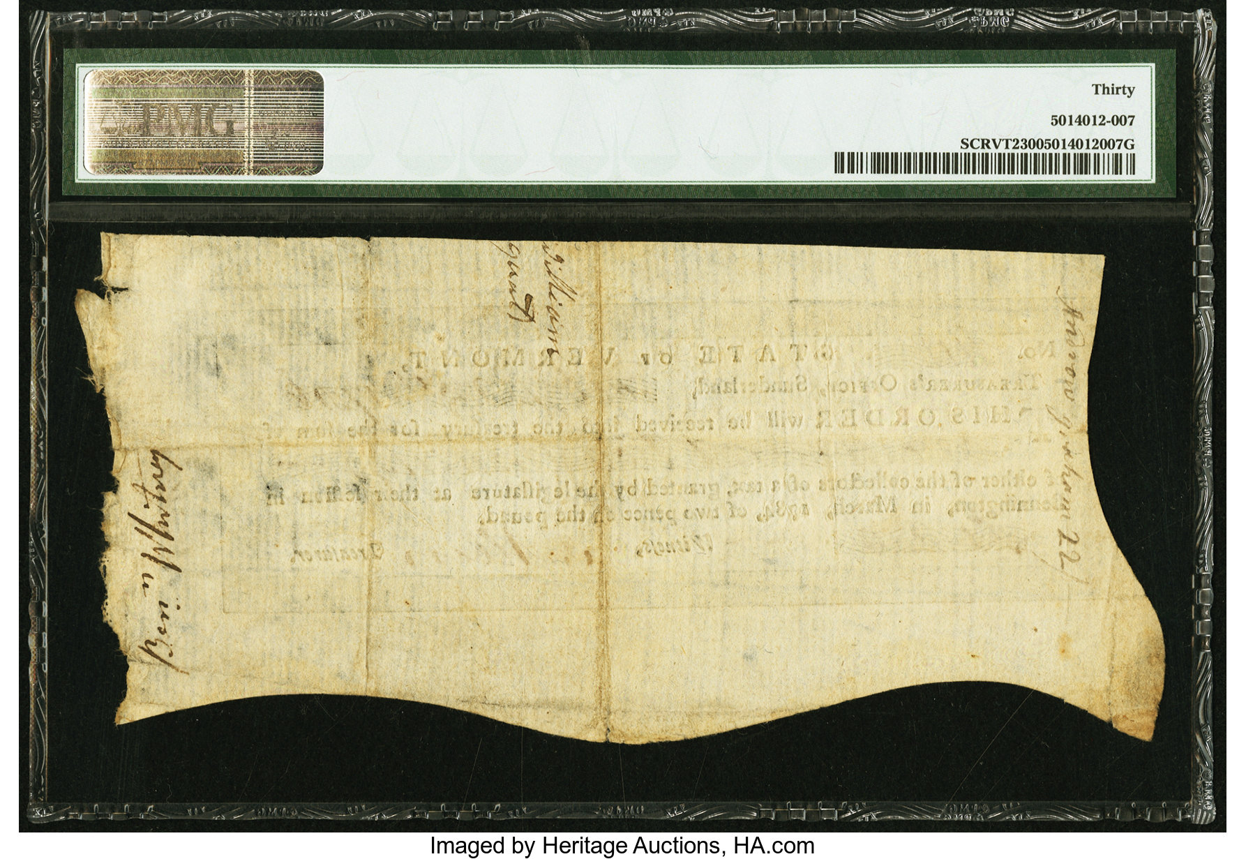 image for: Vermont Treasury Certificate £1 2s February 25, 1786 Anderson 2. PMG Very Fine 30....