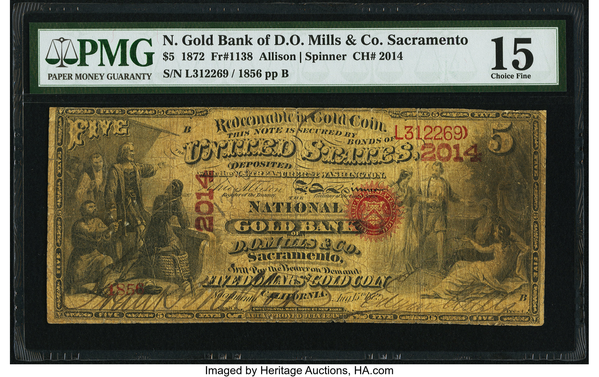 image for: Sacramento, CA - $5 1872 Fr. 1138 The National Gold Bank of D O Mills & Co. Ch. # 2014 PMG Choice Fine 15....