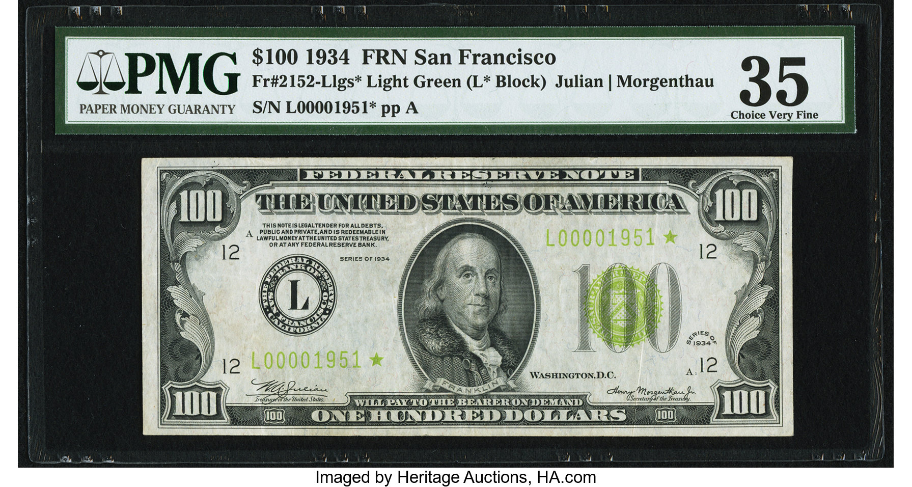 image for: Low Serial Number 1951 Fr. 2152-L* $100 1934 Light Green Seal Federal Reserve Note. PMG Choice Very Fine 35....