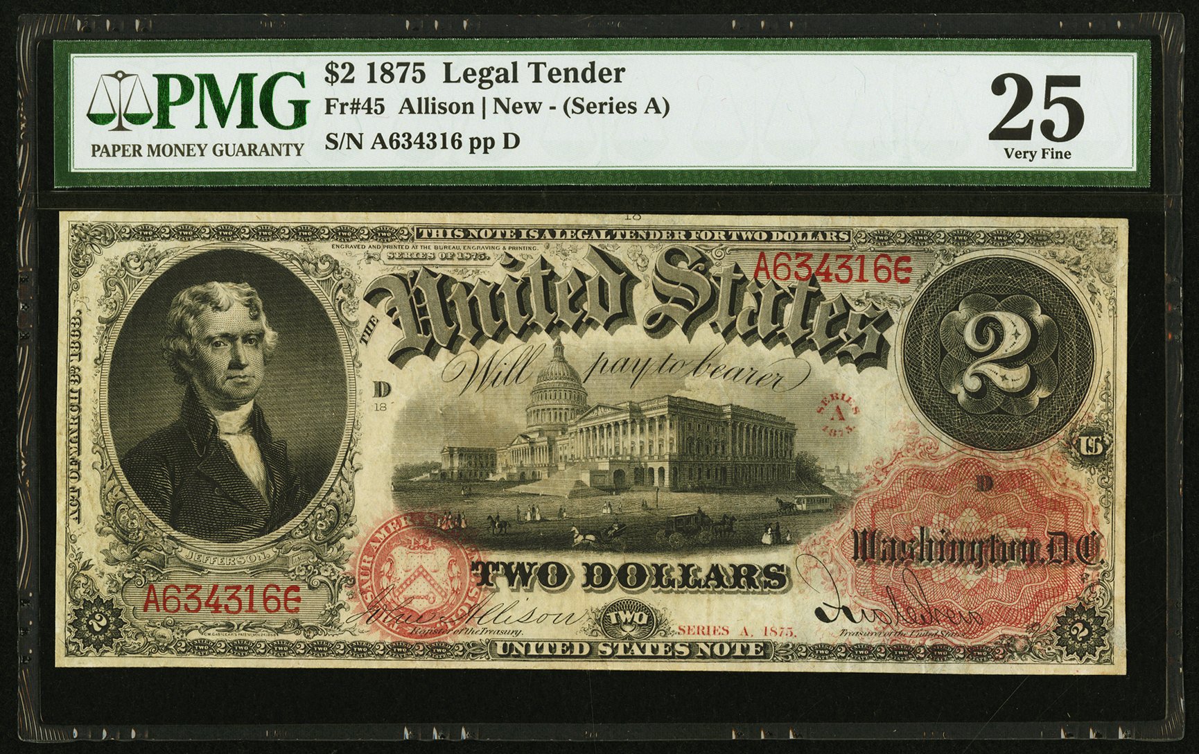 image for: Fr. 45 $2 1875 Legal Tender PMG Very Fine 25....