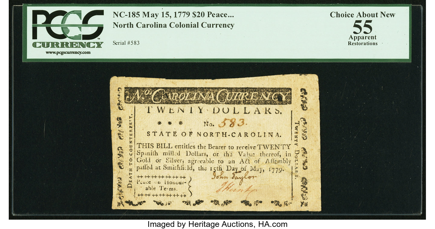 image for: North Carolina May 15, 1779 $20 Peace on Honorable Terms PCGS Apparent Choice About New 55....