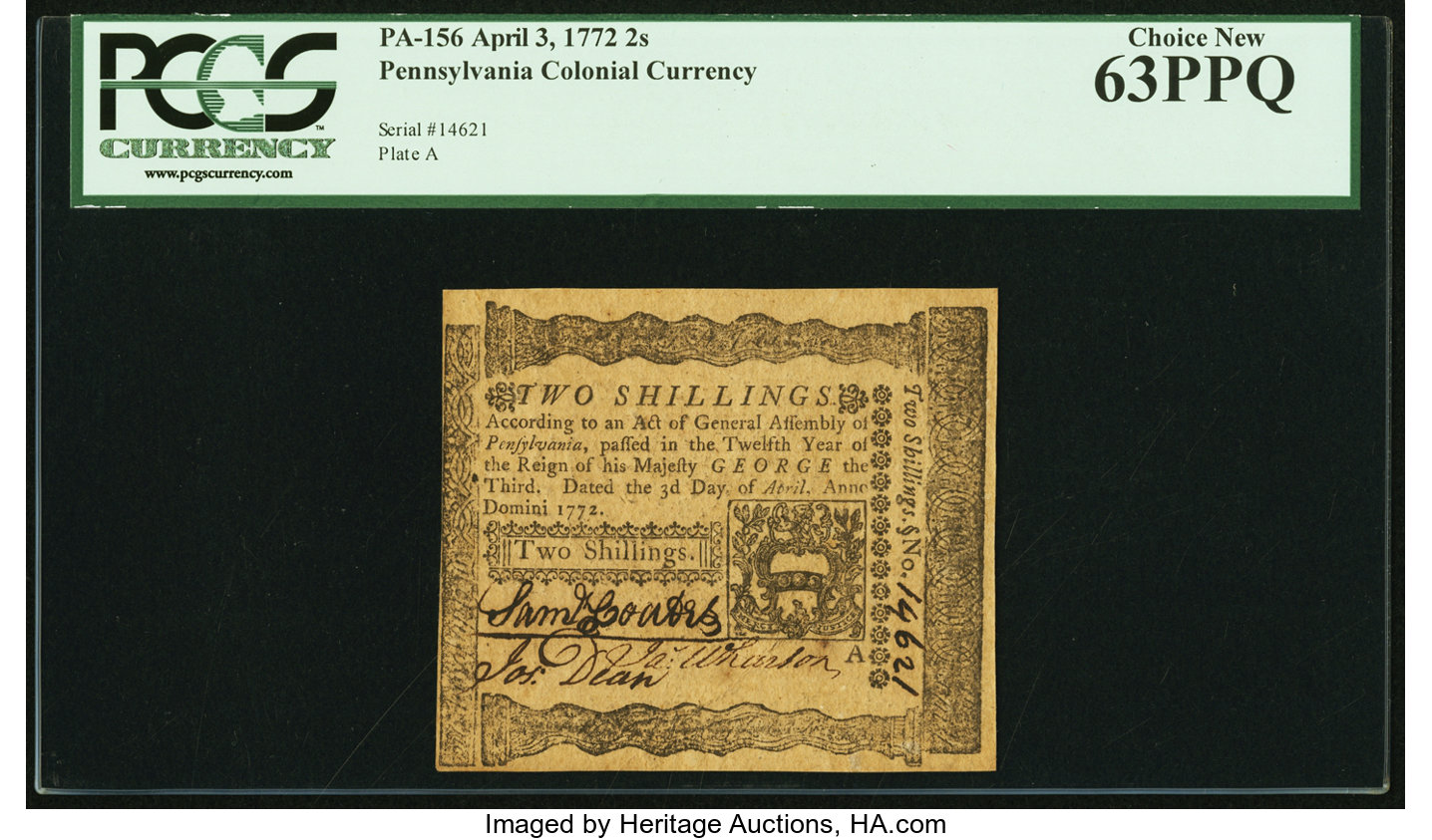 image for: Pennsylvania April 3, 1772 2s PCGS Choice New 63PPQ....