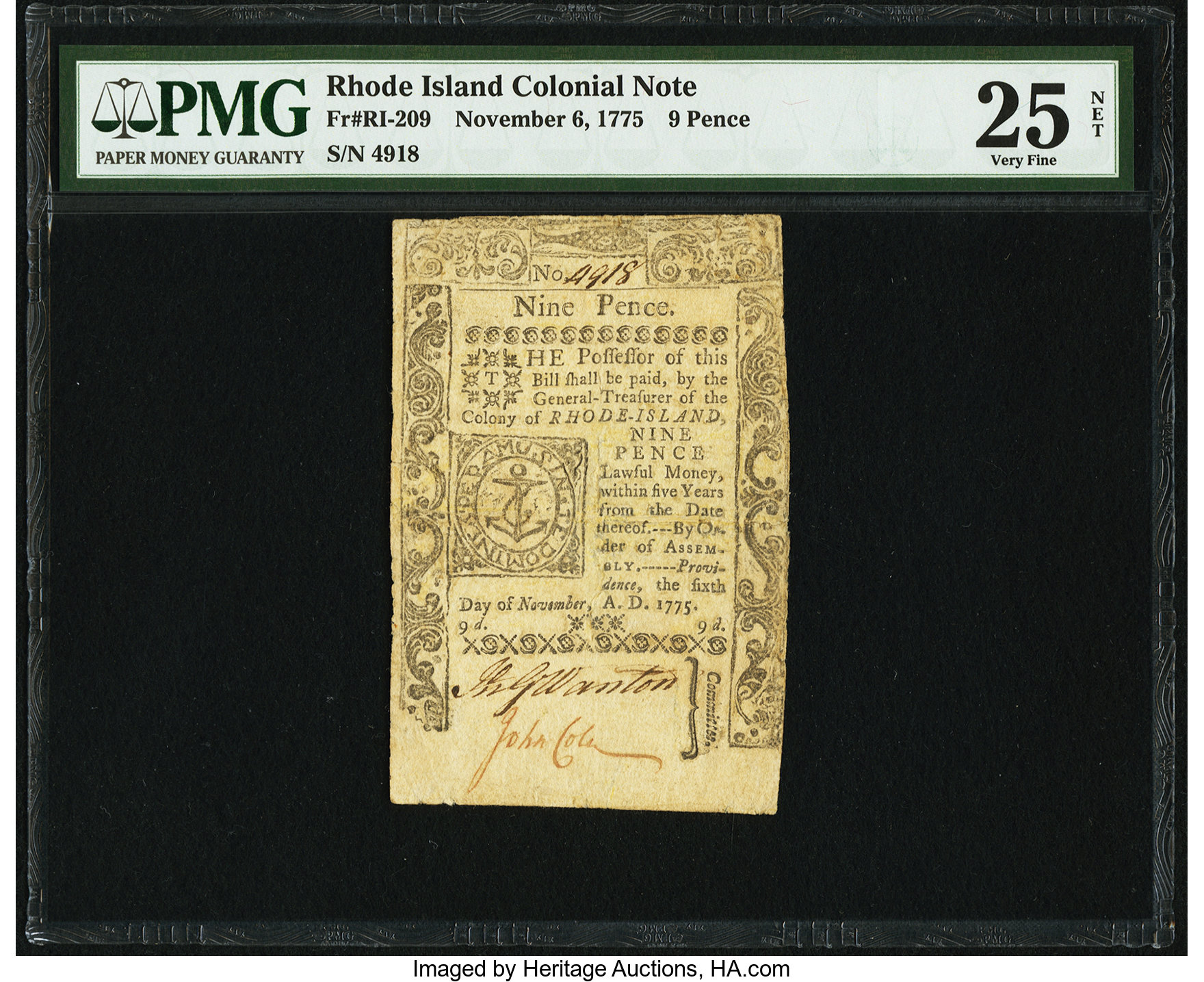 image for: Rhode Island November 6, 1775 9d PMG Very Fine 25 Net....