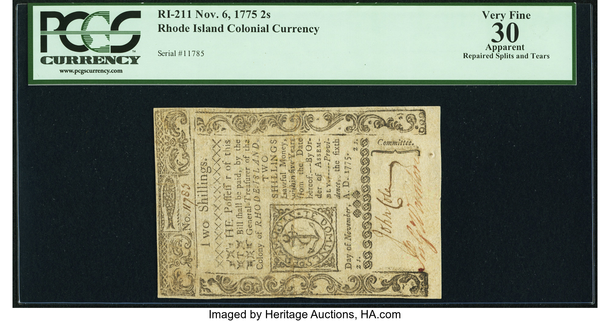 image for: Rhode Island November 6, 1775 2s PCGS Apparent Very Fine 30....