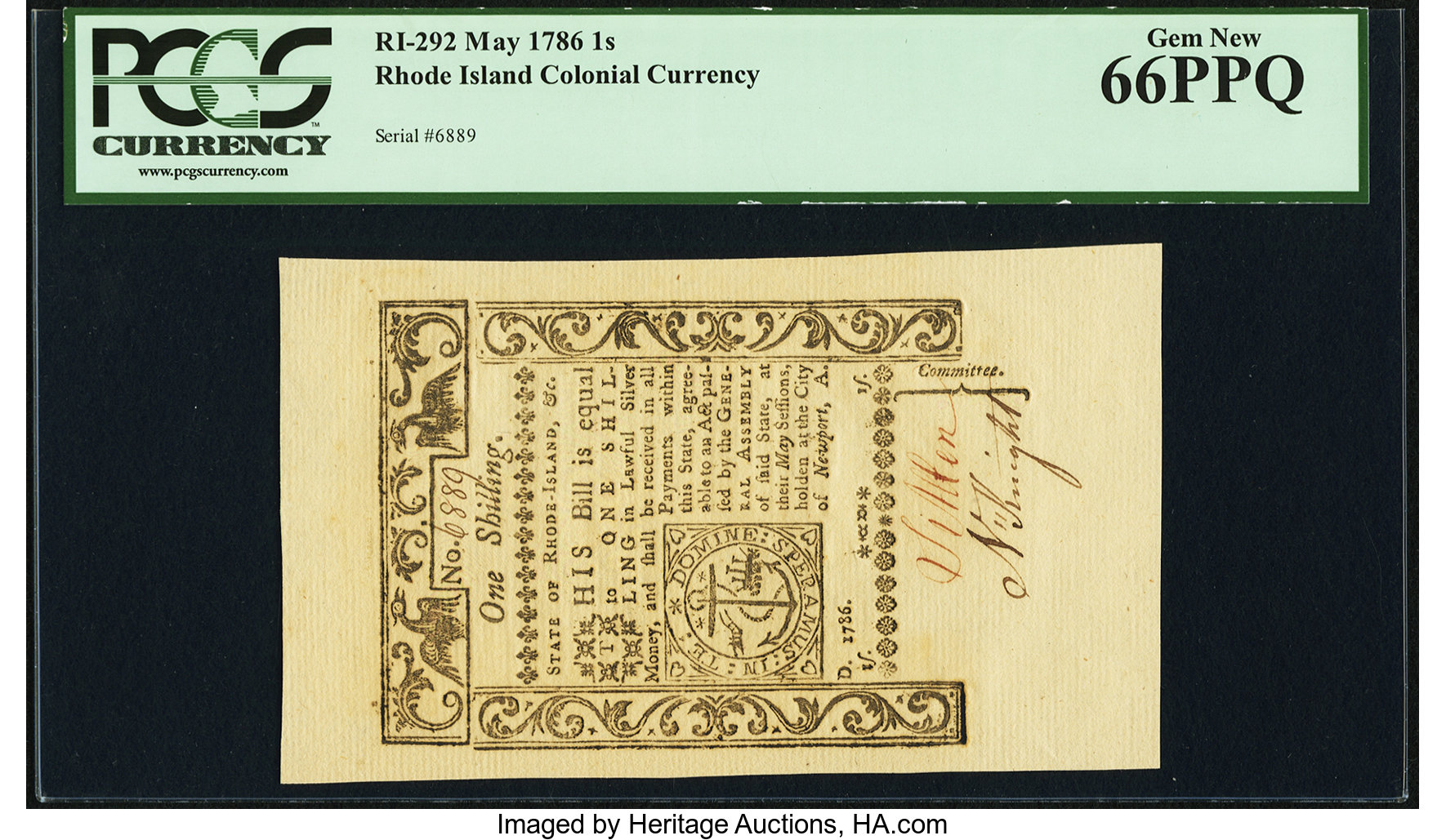 image for: Rhode Island May 1786 1s PCGS Gem New 66PPQ....