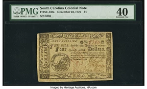 image for: Fully Signed South Carolina December 23, 1776 $4 PMG Extremely Fine 40....