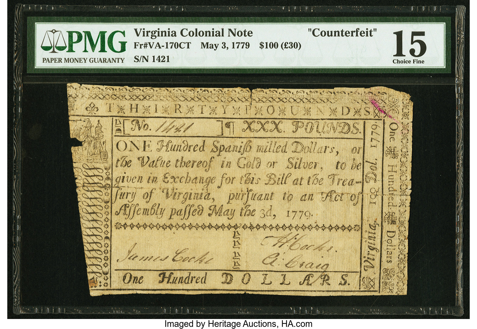 image for: Virginia May 3, 1779 $100 Contemporary Counterfeit PMG Choice Fine 15....