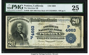 image for: Pomona, CA - $20 1902 Date Back Fr. 646 The American NB Ch. # (P)4663 PMG Very Fine 25....
