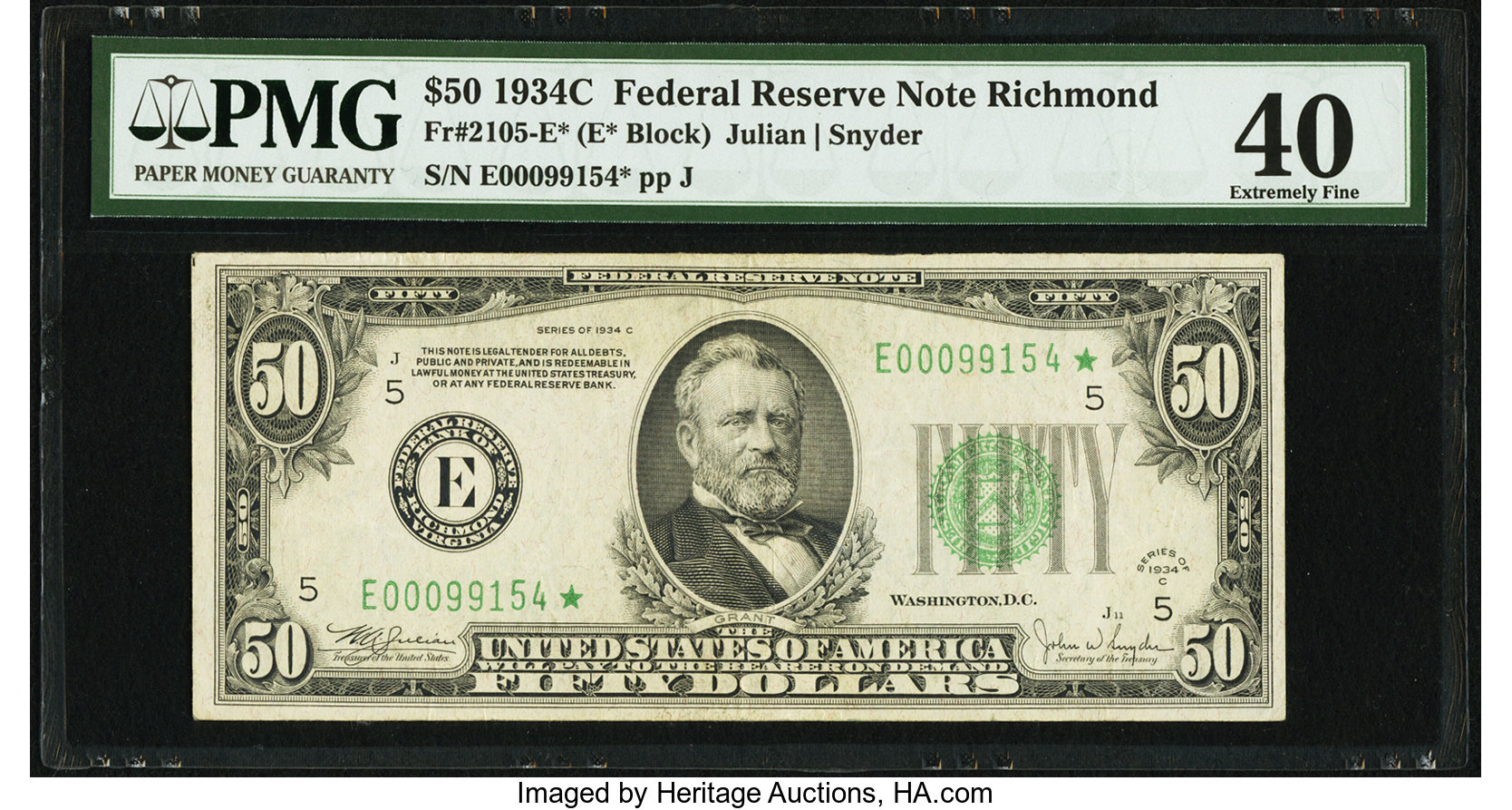 image for: Fr. 2105-E* $50 1934C Federal Reserve Note. PMG Extremely Fine 40....