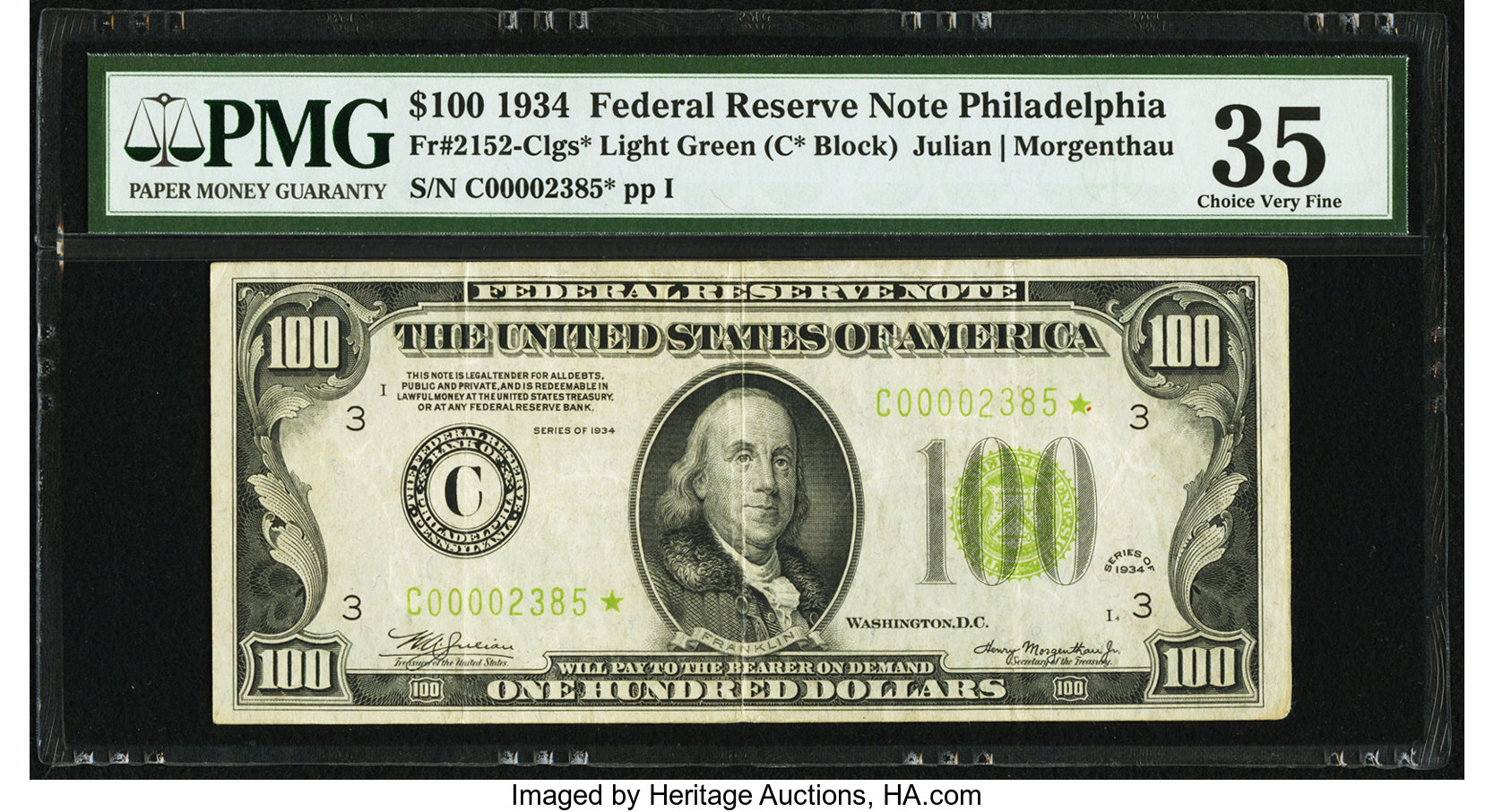 image for: Fr. 2152-C* $100 1934 Light Green Seal Federal Reserve Note. PMG Choice Very Fine 35....