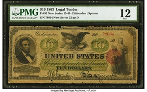 image for: Fr. 95 $10 1863 Legal Tender PMG Fine 12....