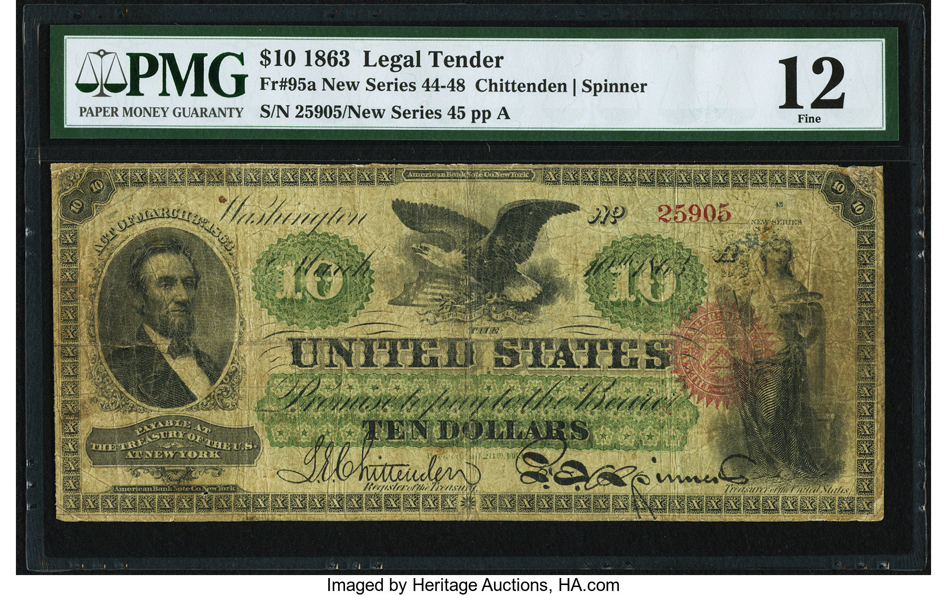image for: Fr. 95a $10 1863 Legal Tender PMG Fine 12....