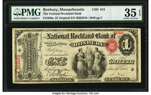 image for: Roxbury, MA - $1 Original Fr. 380a The National Rockland Bank of Roxbury Ch. # 615 PMG Choice Very Fine 35 EPQ....