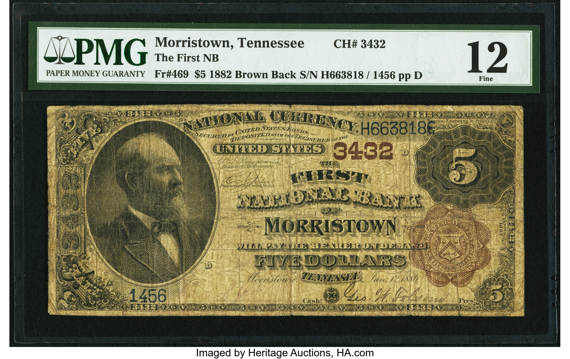 image for: Morristown, TN - $5 1882 Brown Back Fr. 469 The First National Bank Ch. # 3432 PMG Fine 12....