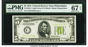 image for: Fr. 1955-C $5 1934 Light Green Seal Federal Reserve Note. PMG Superb Gem Unc 67 EPQ....