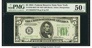 image for: Fr. 1956-B $5 1934 Federal Reserve Note with Back Plate 637. PMG About Uncirculated 50 EPQ....