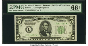 image for: Fr. 1957-L* $5 1934A Federal Reserve Note. PMG Gem Uncirculated 66 EPQ....