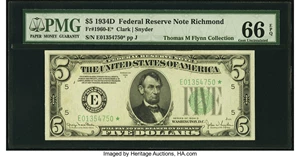 image for: Fr. 1960-E* $5 1934D Federal Reserve Note. PMG Gem Uncirculated 66 EPQ....