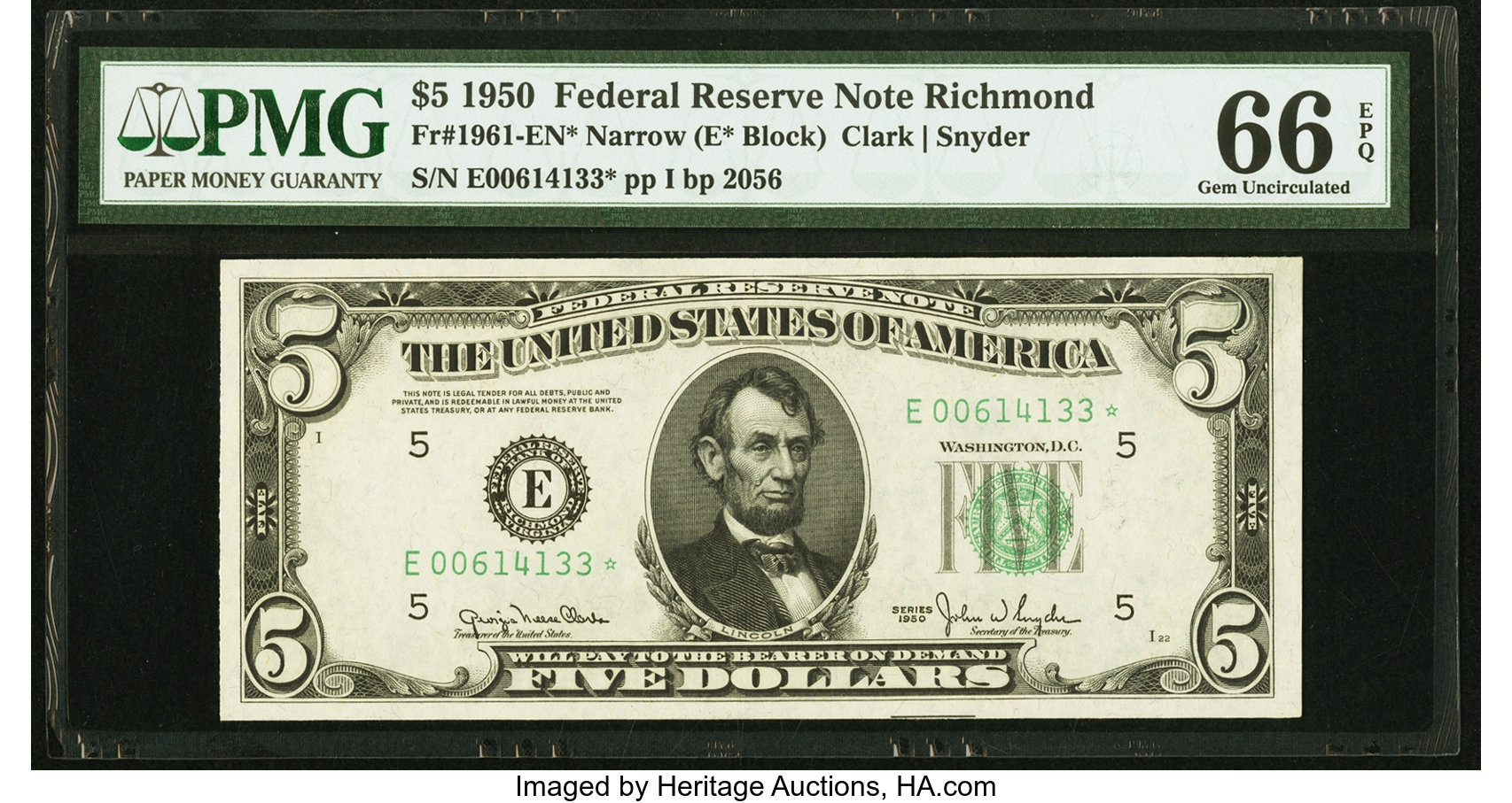 image for: Fr. 1961-E* $5 1950 Narrow Federal Reserve Note. PMG Gem Uncirculated 66 EPQ....