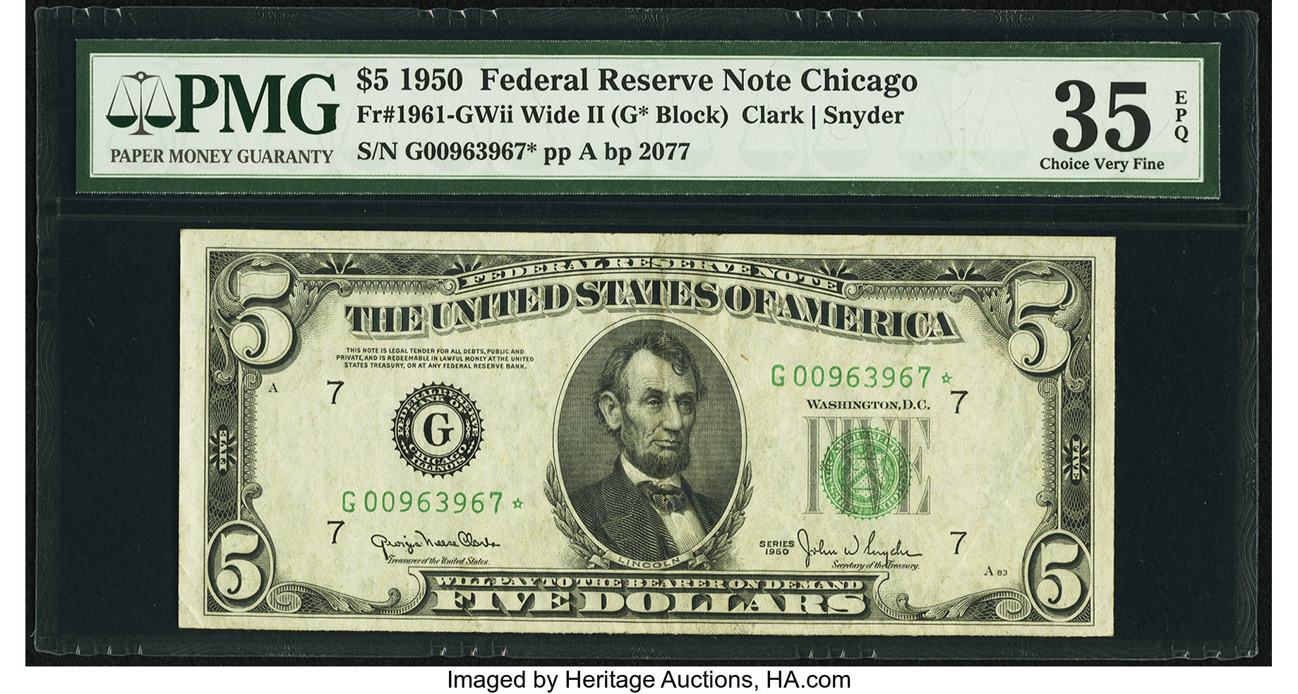 image for: Fr. 1961-G* $5 1950 Wide II Federal Reserve Note. PMG Choice Very Fine 35 EPQ....