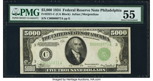image for: Fr. 2221-C $5,000 1934 Federal Reserve Note. PMG About Uncirculated 55....