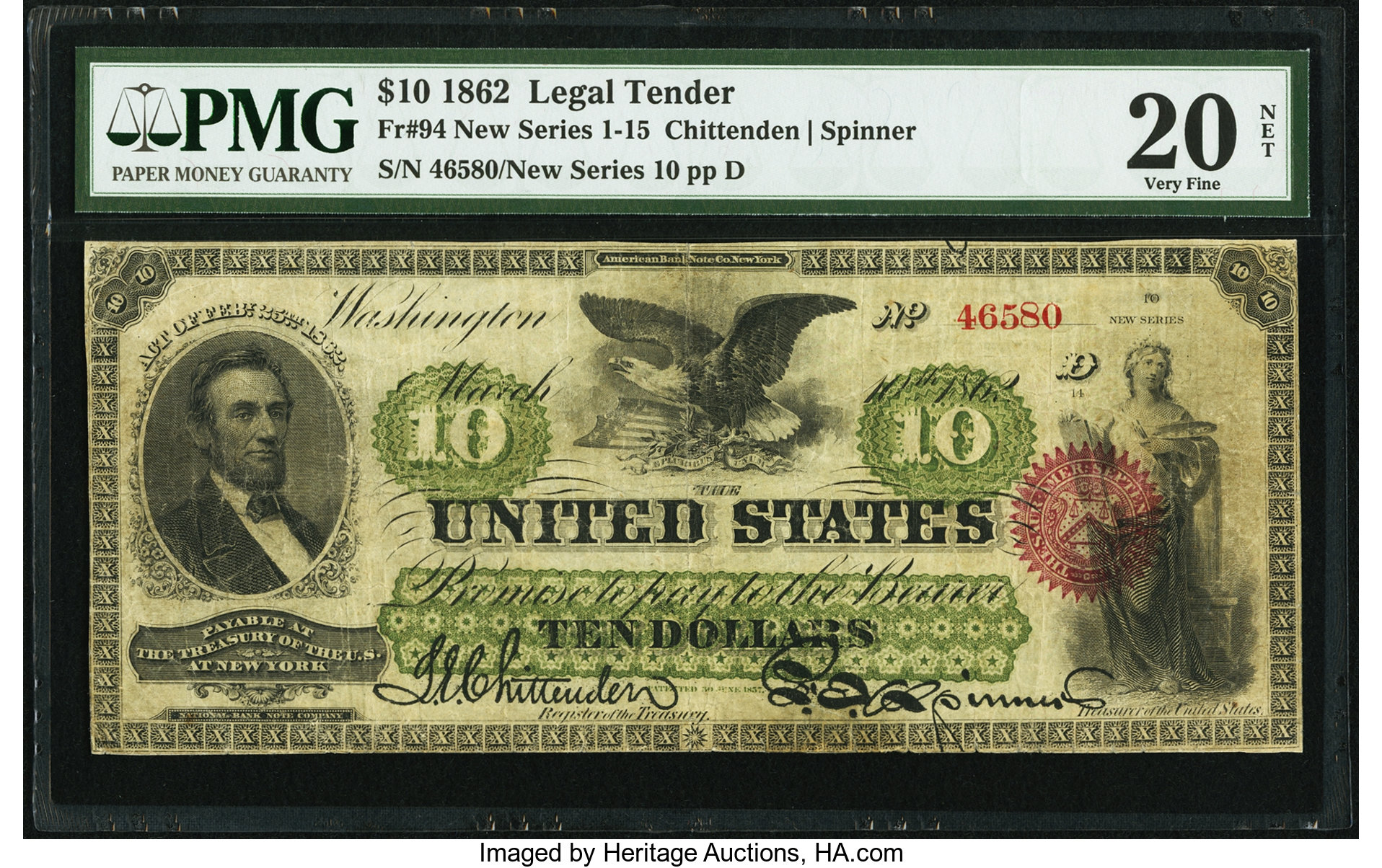 image for: Fr. 94 $10 1862 Legal Tender PMG Very Fine 20 Net....