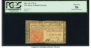 image for: John Hart Signed New Jersey March 25, 1776 3s PCGS About New 50....